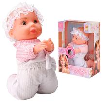 Boneca Bebe Oração Reza De Joelhos Com Mecanismo De Som Tiara Rendada E Roupinha Angelical