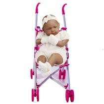 Boneca Bebê Real Negra Baby By Roma 42cm Com Carrinho Rosa