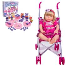 Boneca Bebê Reborn Balbucia 912 + Carrinho e Kit Meu Jantar