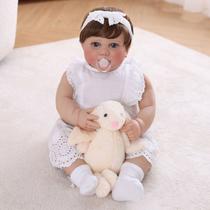 Boneca Bebê Reborn Brastoy Realista 60cm Silicone Conjunto de Roupa Chupeta Mamadeira Fralda Certidão e Pelúcia
