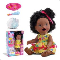 Boneca Bebe Reborn de Silicone Negra Cacheada My Little Come Papinha Suja Fraldinha Brinquedo Menina