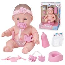 Boneca Bebe Reborn Faz Xixi Com Acessórios Rosa Fraldinha Penico Mamadeira Lacinho