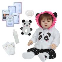 Boneca Bebe Reborn Fio a Fio Enxoval Panda 12 Acessórios