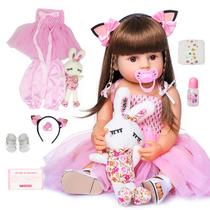Boneca Bebê Reborn Menina Gatinha Realista Brastoy 100% Silicone Pode Dar Banho Conjunto de Roupa Chupeta Mamadeira e Pelúcia