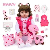 Boneca Bebê Reborn Menina Girafinha Realista Brastoy 100% Silicone Pode Dar Banho Conjunto de Roupa Chupeta Mamadeira e Pelúcia
