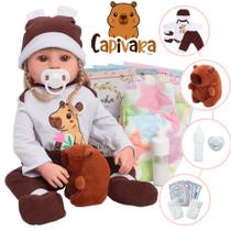 Boneca Bebê Reborn Menina Loira Roupa Capivara + Acessórios
