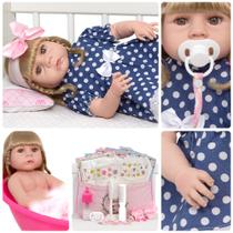 Boneca Bebê Reborn Menina Loira Vestido Bolinha Kit Completo