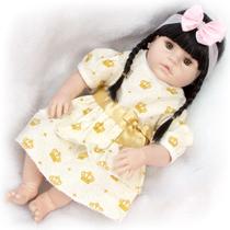Boneca Bebê Reborn Menina Morena Vestido Dourado Acessórios