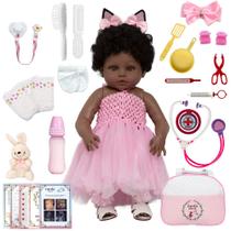 Boneca Bebe Reborn Menina Pretinha Enxoval Coelhinha Baby