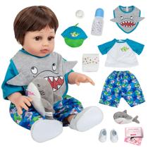 Boneca Bebê Reborn Menino Tubarão Realista Completo 100% Silicone 45cm Pode Dar Banho Conjunto de Roupa Chupeta Mamadeira e Pelúcia