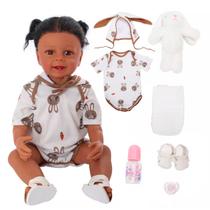 Boneca Bebê Reborn Negra Morena Realista Brastoy Silicone ou Vinil Conjunto de Roupa Pode Dar Banho