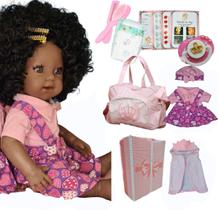 Boneca Bebê Reborn Negra Silicone Realista Kit Acessórios Enxoval Reborne Reborn Brinquedo Menina Original Siliconado Realista Senta Baby Reborn Bb