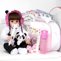 Boneca Bebê Reborn Panda Cabelo Longo Itens + Bolsa Enxoval