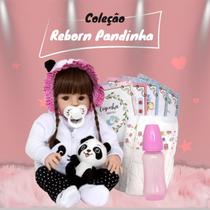Boneca Bebê Reborn Panda Menina Cabelo Castanho