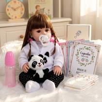 Boneca Bebê Reborn Panda Menina Cabelo Castanho