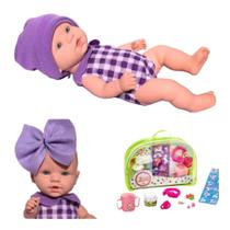 Boneca Bebe Reborn pequena 30cm vinil articulada e Kit Passeio acessórios Infantil chocalho Fralda pote papinha adesivo copo suco ED1 Brinquedos