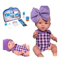 Boneca bebe reborn pequena com Kit Cuidados com Bebê Azul Mamadeira magica Chupeta Fralda ED1 Brinquedos