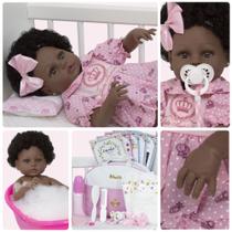 Boneca Bebê Reborn Realista Negra 20 Itens Bolsa Maternidade