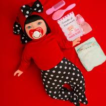 Boneca Bebê Reborn Realista Olhos Azuis, Roupinha Minnie Acessórios
