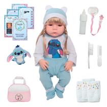 Boneca Bebê Reborn Realista Olhos Castanhos Stitch Bolsa Boneca Bebê Reborn Realista Olhos Castanhos Stitch Bolsa