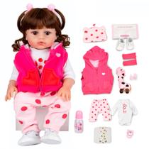 Boneca Bebê Reborn Realista Silicone 48cm Conjunto de Roupa Chupeta Mamadeira e Pelúcia