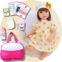 Boneca Bebê Reborn Realista Silicone Vestido Dourado Bolsa de Maternidade