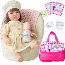 Boneca Bebê Reborn Realista Silicone Vestido Dourado Bolsa de Maternidade