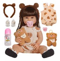 Boneca Bebê Reborn Realista Ursinho Silicone Conjunto de Roupa Chupeta Mamadeira e Pelúcia Original Completo