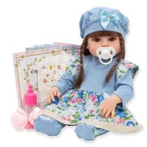 Boneca Bebe Reborn Realista Vestido Florido Azul 13 Itens