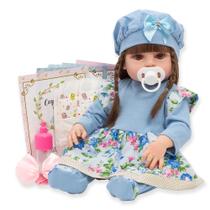 Boneca Bebe Reborn Realista Vestido Florido Azul 13 Itens