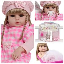 Boneca Bebê Reborn Recém Nascida Bolsa Enxoval Xadrez Rosa