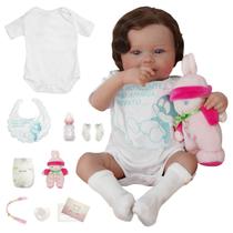Boneca Bebê Reborn Silicone 48cm Conjunto de Roupa Mamadeira Chupeta Pelucia Brastoy