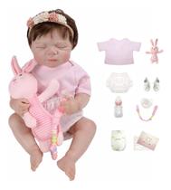 Boneca Bebê Reborn Silicone Realista 48cm Original Kit Acessórios Conjunto Roupa Mamadeira Chupeta Pelúcia Fralda