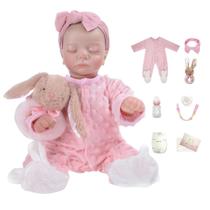 Boneca Bebê Reborn Silicone Realista 48cm Original Kit Acessórios Conjunto Roupa Mamadeira Chupeta Pelúcia Fralda