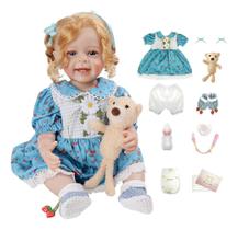 Boneca Bebê Reborn Silicone Realista Loira 55cm Sorriso Original Kit Acessórios Conjunto de Roupa Mamadeira Chupeta Pelúcia Fralda