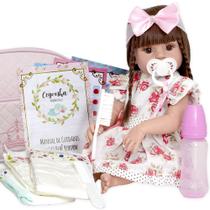 Boneca Bebe Reborn Silicone Vestido Florido Com Vários Itens