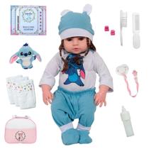 Boneca Bebê Reborn Valentina Conjunto Azul Bolsa Acessórios