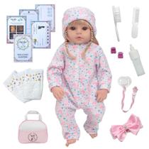 Boneca Bebê Reborn Valentina Macacão Flamingo Bolsa Completa