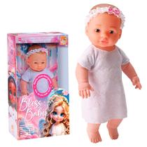 Boneca Bebe Reza Pai Nosso 30 Cm Com Mecanismo Roupinha Branca Tiara E Laço