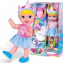 Boneca Bebê Unicórnio 30cm Faz Xixi Com Fralda, Escova e Mamadeira - Brinquedos de menina