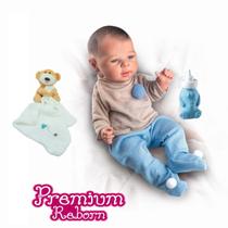 Boneca Bebezinho Menino Reborn Azul e Naninha Dormir Urso