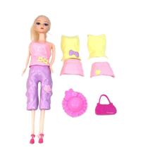 Boneca Bela Fashion Roupas Bolsa Chapéu Acess 8 Pç novidade