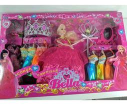 Boneca Bella Fashion Doll C/ Coroa 8 Vestidos E Acessórios - Bella