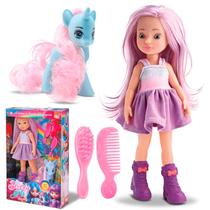 Boneca Beverly Girls Com Unicórnio Fashion E Kit Com Pente E Escova Para Cuidar Dos Cabelos