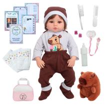 Boneca Cabelo Castanho Fio a Fio com Roupa Capivara Linda