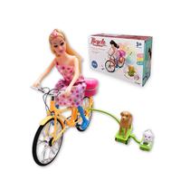 Boneca Ciclista com 2 Cachorros Brinquedo Infantil com Som