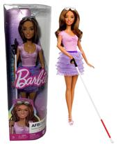Boneca Colecionável Articulada Barbie Fashionistas Menina Morena Deficiência Visual Cega Coleção Viva A Diversidade Doll Número 228 Mattel