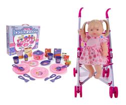 Boneca Com Carrinho E Kit Jantarzinho Completo Infantil