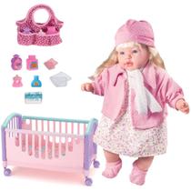 Boneca de Pano Loira que Canta com Bolsinha e Berço Cama Boneca de Pano Loira que Canta com Bolsinha e Berço Cama