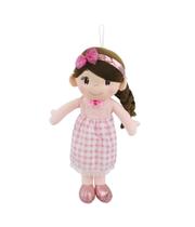 Boneca de pano vestido xadrez rosa claro cabelo castanho